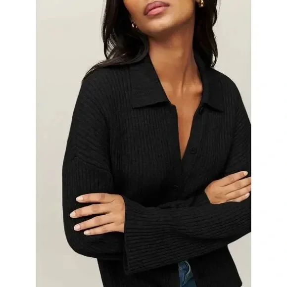 Reformation Fantino Cashmere Collared Cardigan in black - Picture 1 of 9